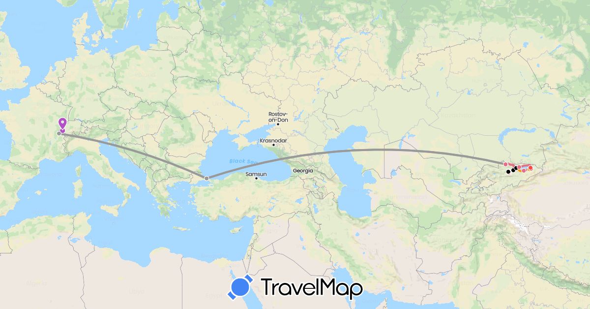 TravelMap itinerary: driving, plane, train, hiking, hitchhiking, minivan, taxi partagé in Switzerland, Kyrgyzstan, Turkey (Asia, Europe)