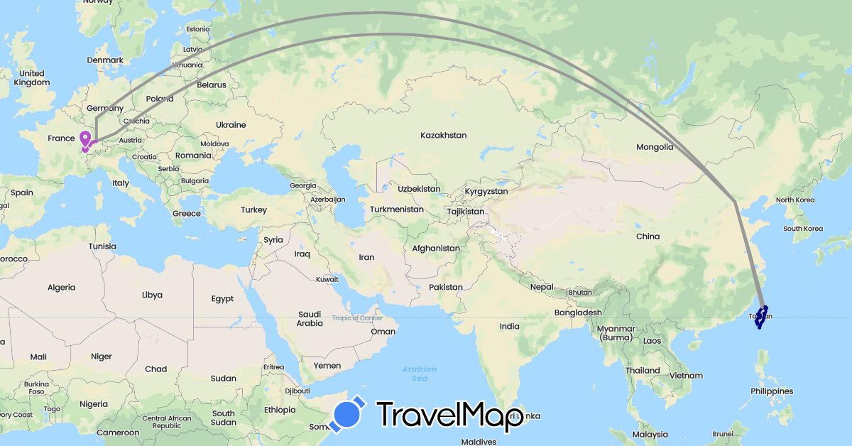 TravelMap itinerary: driving, plane, train, boat in Switzerland, China, Germany, Taiwan (Asia, Europe)