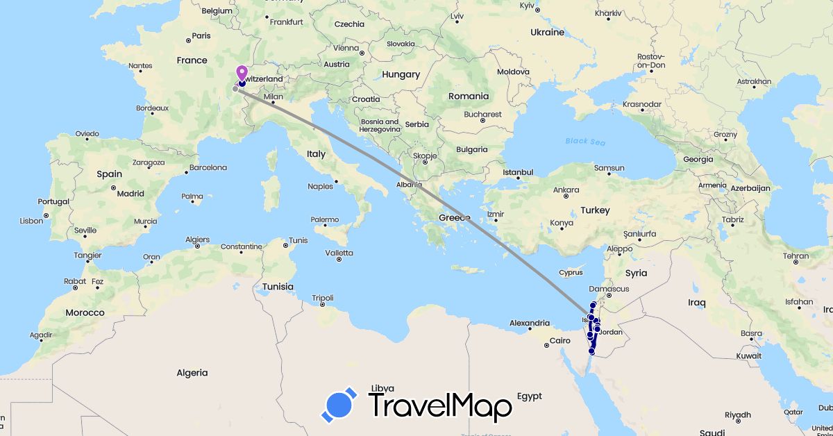 TravelMap itinerary: driving, plane, train, hiking in Switzerland, Israel (Asia, Europe)