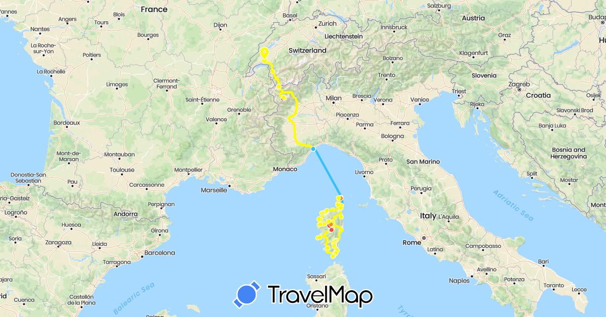 TravelMap itinerary: driving, hiking, boat, hitchhiking, campervan in Switzerland, France, Italy (Europe)
