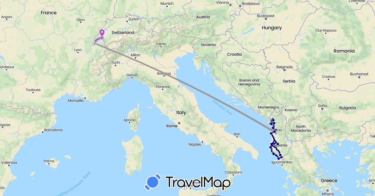 TravelMap itinerary: driving, plane, train in Albania, Switzerland (Europe)