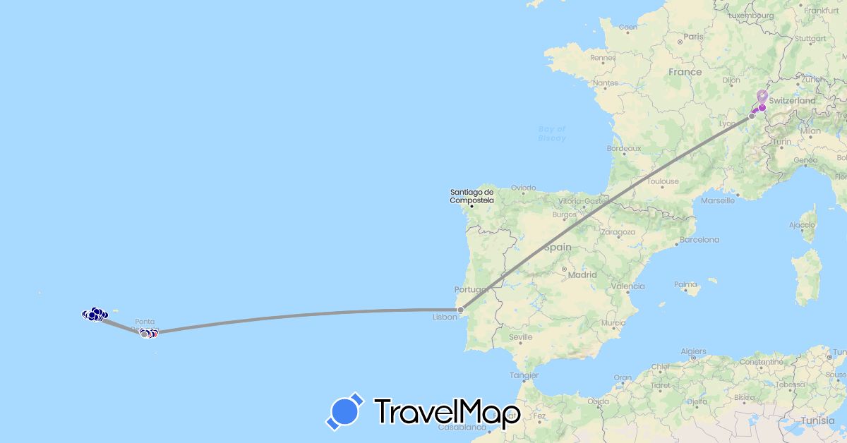 TravelMap itinerary: driving, plane, train, hiking, boat in Switzerland, Portugal (Europe)