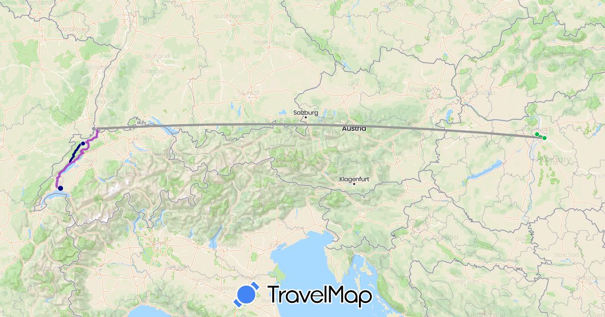 TravelMap itinerary: driving, bus, plane, train in Switzerland, France, Hungary (Europe)
