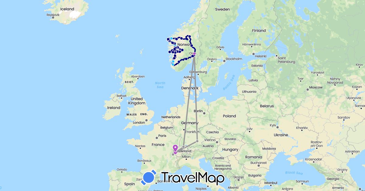 TravelMap itinerary: driving, plane, train, boat in Switzerland, Germany, Norway (Europe)