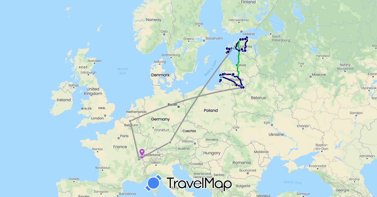 TravelMap itinerary: driving, bus, plane, train, boat in Belgium, Switzerland, Germany, Estonia, Lithuania, Latvia (Europe)