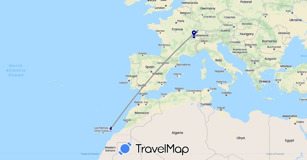 TravelMap itinerary: driving, plane in Switzerland, Spain, France (Europe)