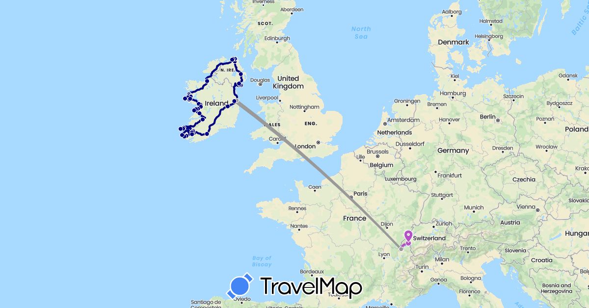 TravelMap itinerary: driving, plane, train in Switzerland, United Kingdom, Ireland (Europe)