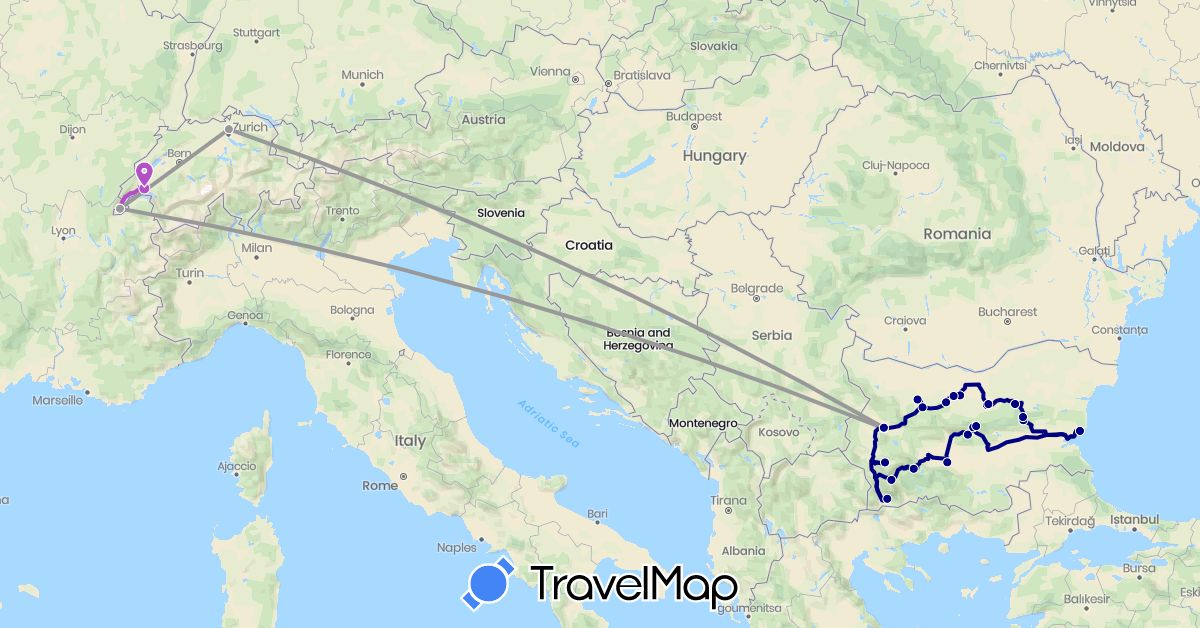 TravelMap itinerary: driving, plane, train in Bulgaria, Switzerland (Europe)