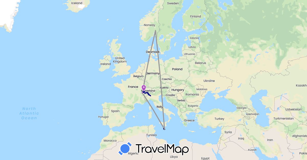 TravelMap itinerary: driving, bus, plane, train, boat in Switzerland, Italy, Malta, Norway (Europe)