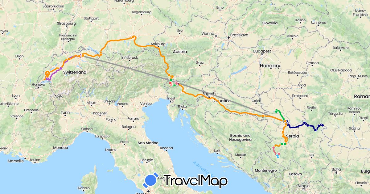 TravelMap itinerary: driving, bus, plane, train, hiking, boat, hitchhiking, minivan, rafting in Austria, Switzerland, Germany, Croatia, Serbia, Slovenia (Europe)