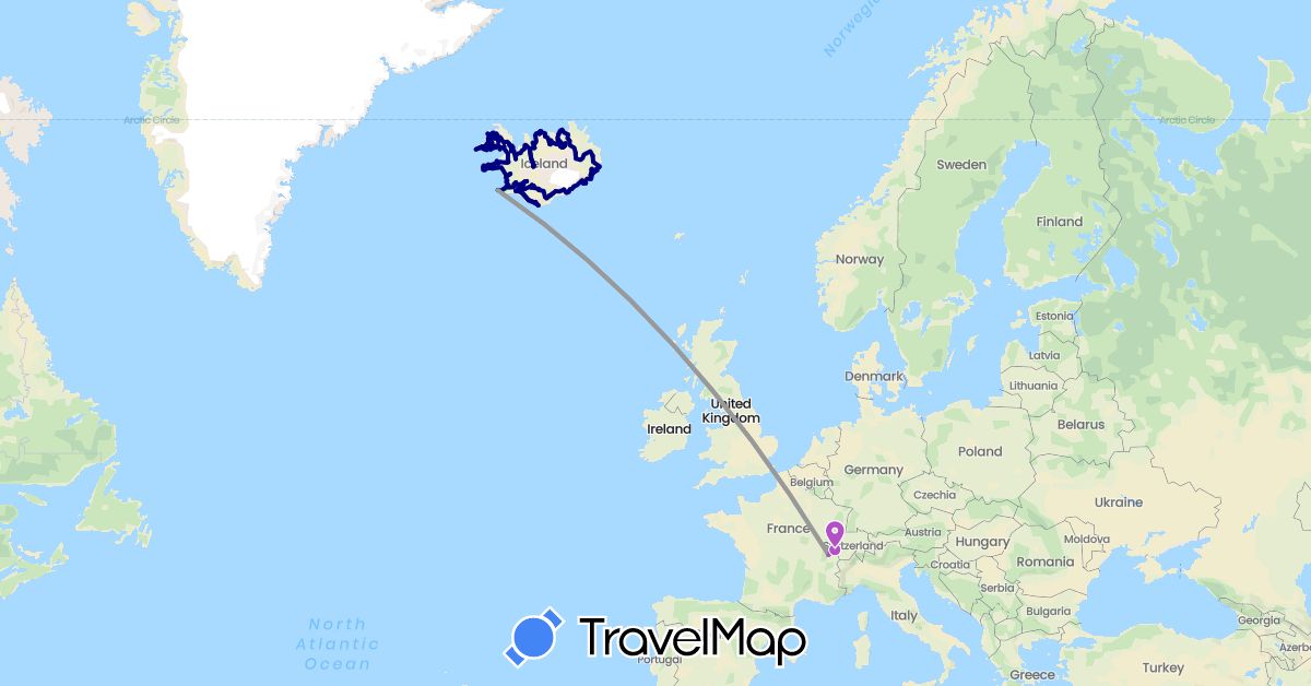 TravelMap itinerary: driving, bus, plane, train, hiking in Switzerland, Iceland (Europe)