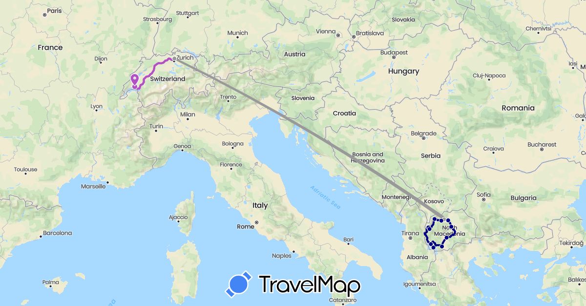 TravelMap itinerary: driving, plane, train in Switzerland, Macedonia (Europe)