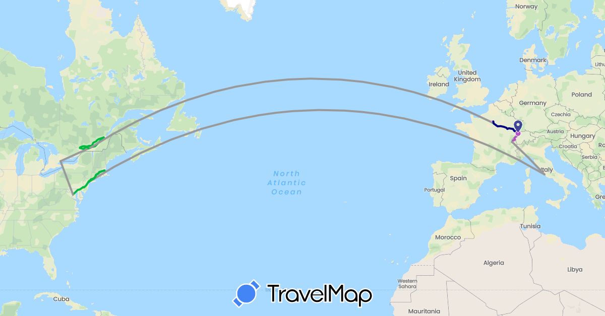 TravelMap itinerary: driving, bus, plane, train, métro in Canada, Switzerland, France, Italy, United States (Europe, North America)