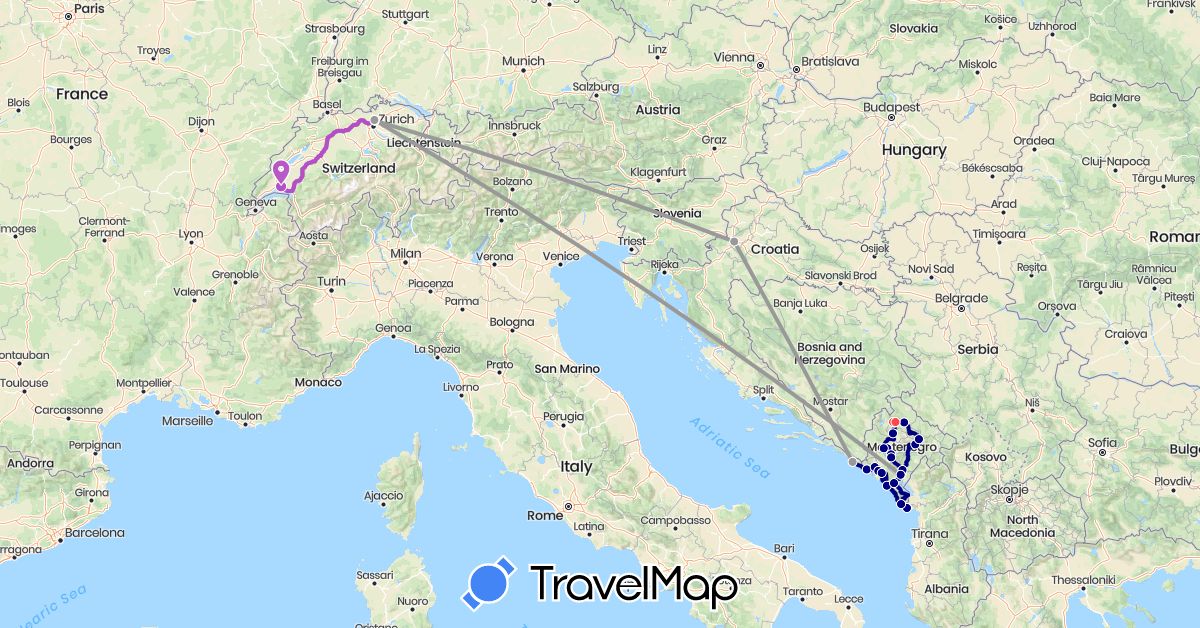 TravelMap itinerary: driving, plane, train, hiking in Switzerland, Croatia, Montenegro (Europe)